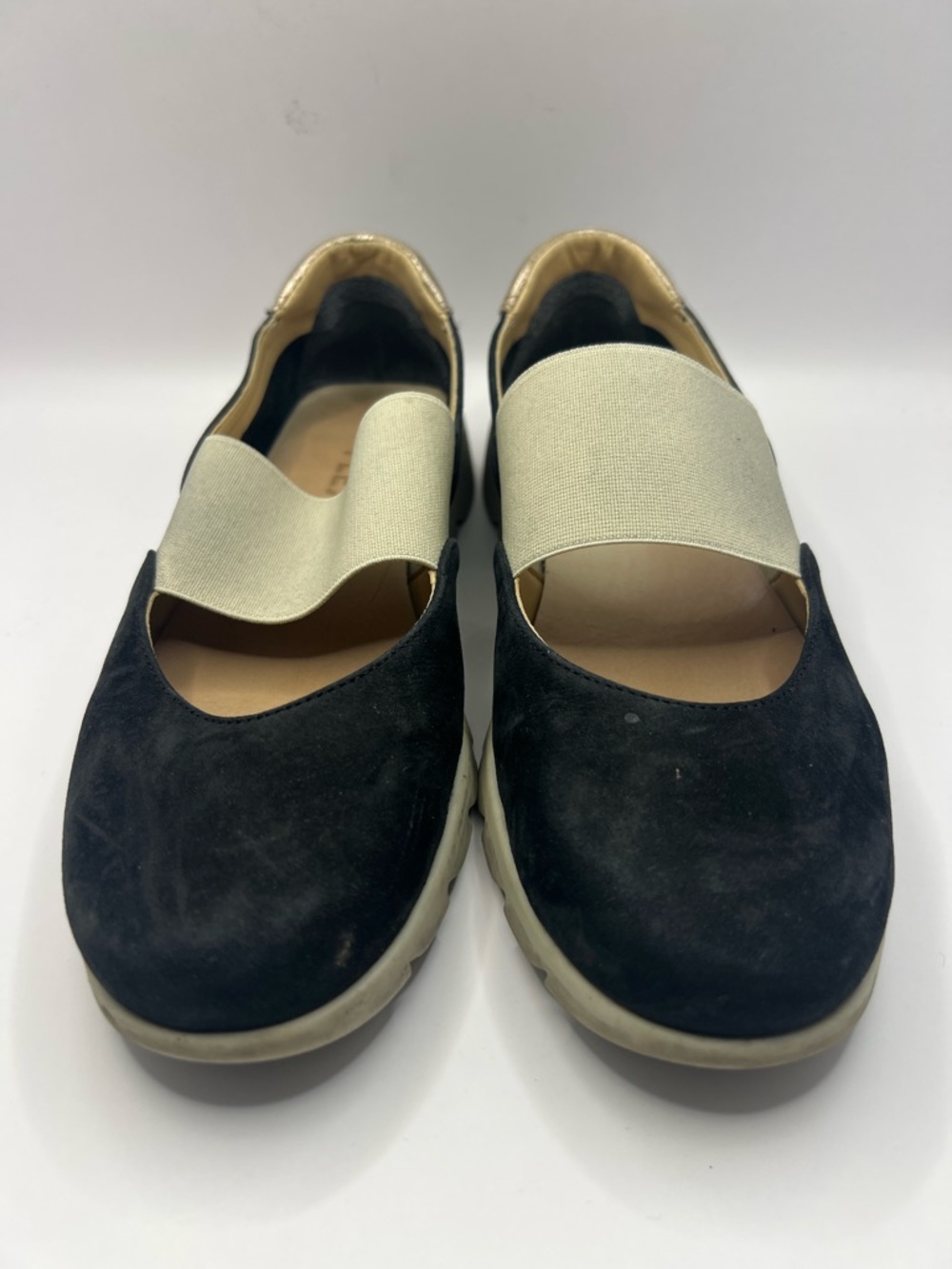 THE FLEXX Black Suede Slip-On Flats with Cream Elastic Strap